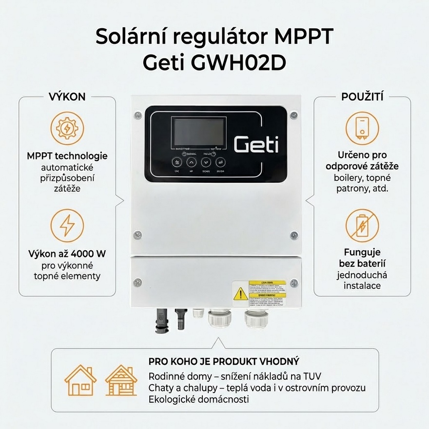 Solární regulátor MPPT GETI GWH02D 4kW (pro FV ohřev vody)
